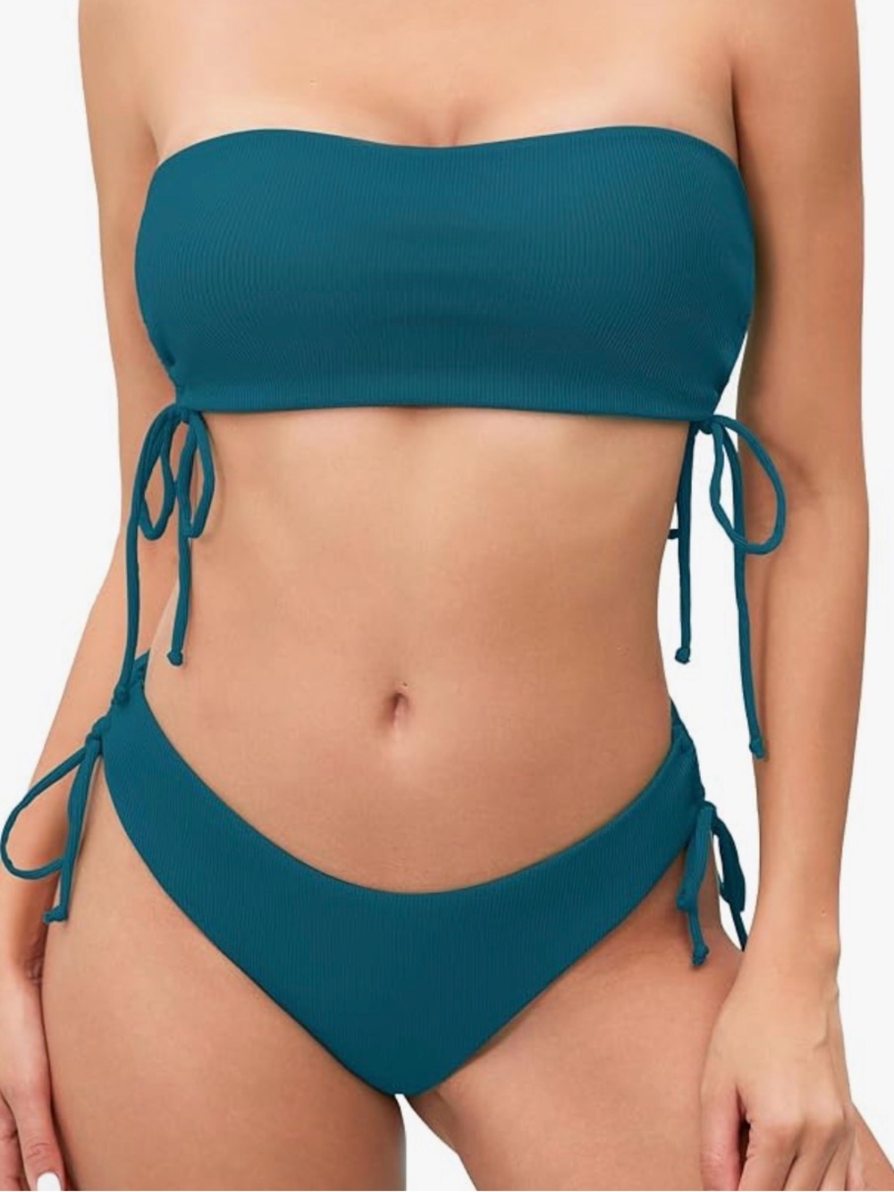 Drawstring Side Tie Ribbed Bikini Set 2 PCS strapless Top & Triangle Bottom - Picture 4 of 14